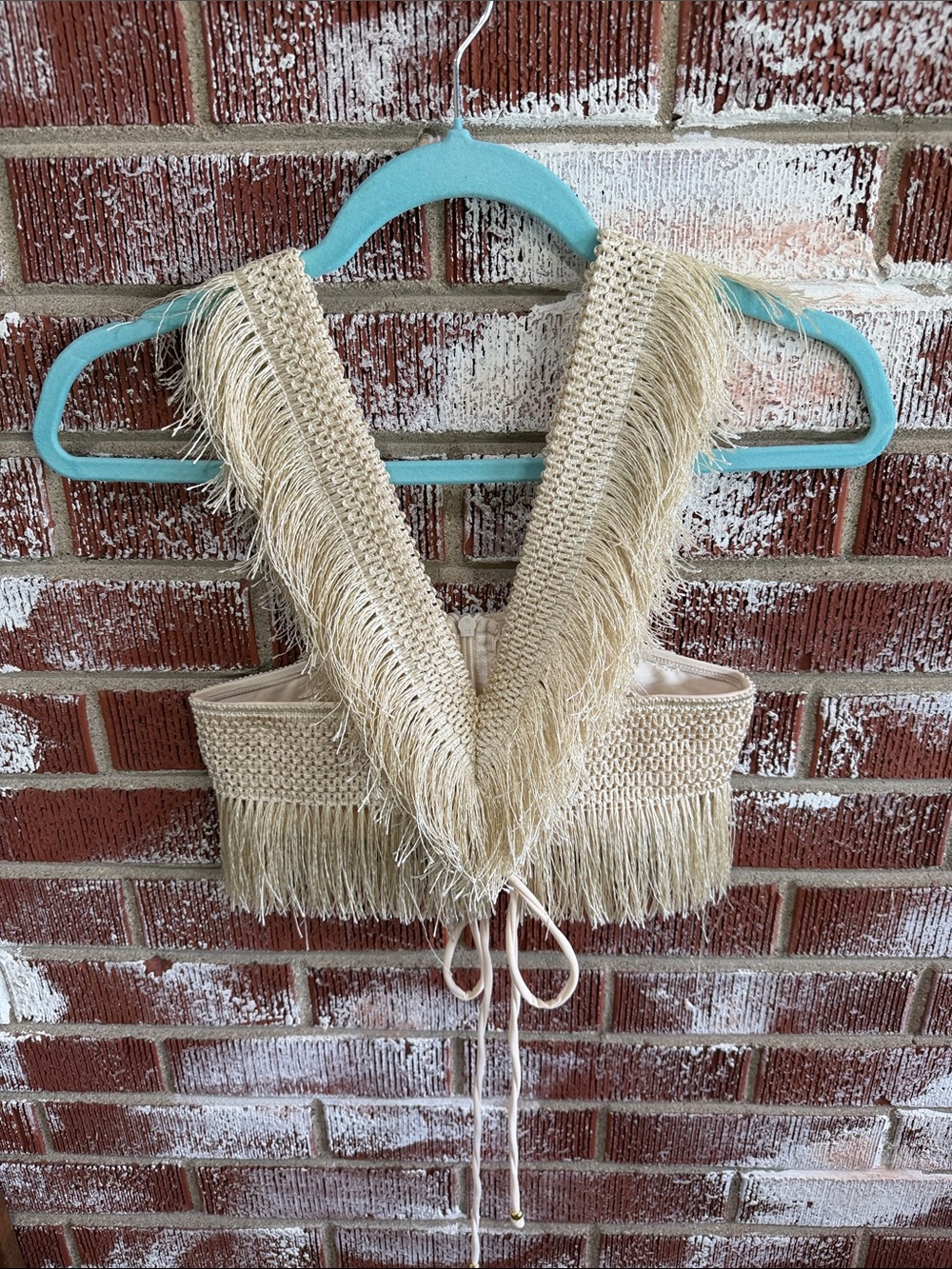 Cream Fringe Halter Top Festival Boho Western Tie Back Crop Top Size Small